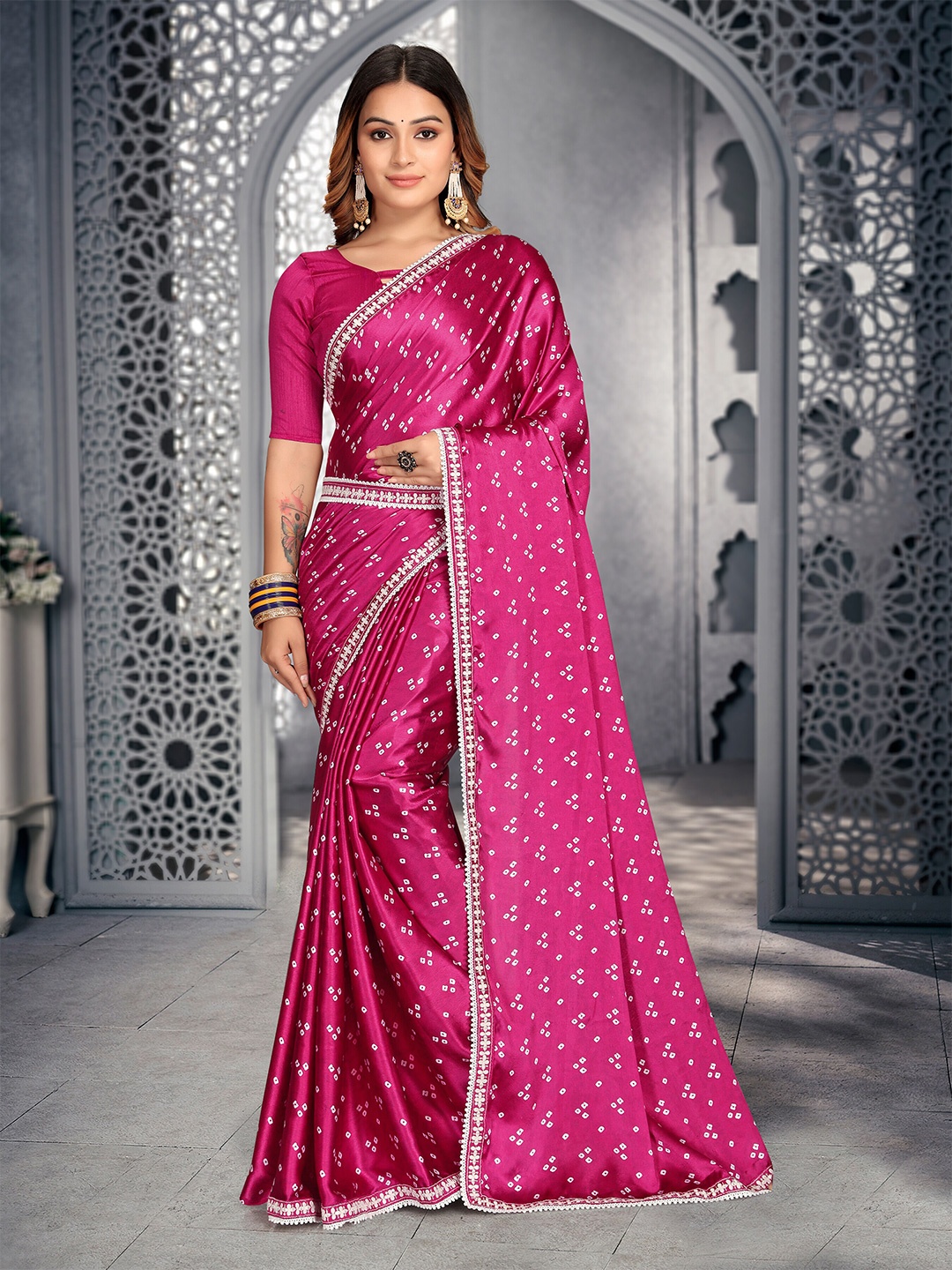 

ZIBLON Bandhani Embroidered Satin Bandhani Saree, Pink