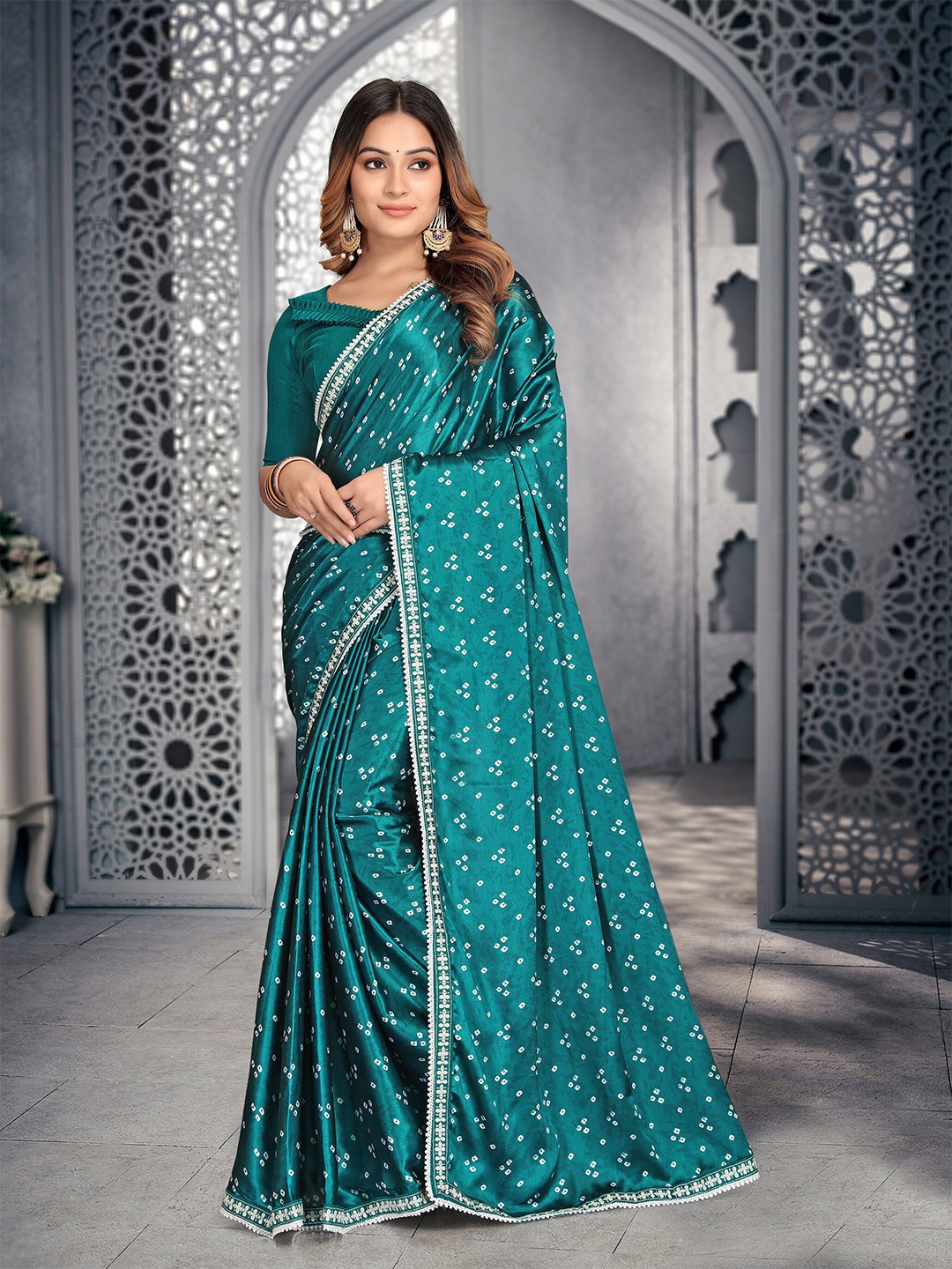 

ZIBLON Embroidered Satin Bandhani Saree, Green