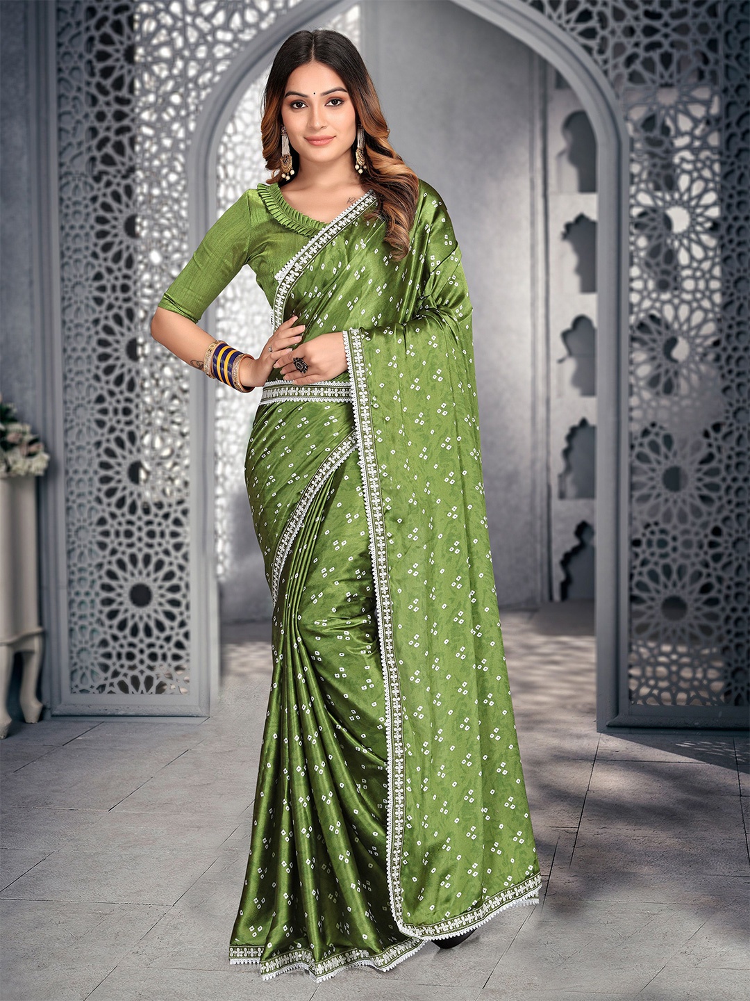 

ZIBLON Embroidered Satin Bandhani Saree, Green