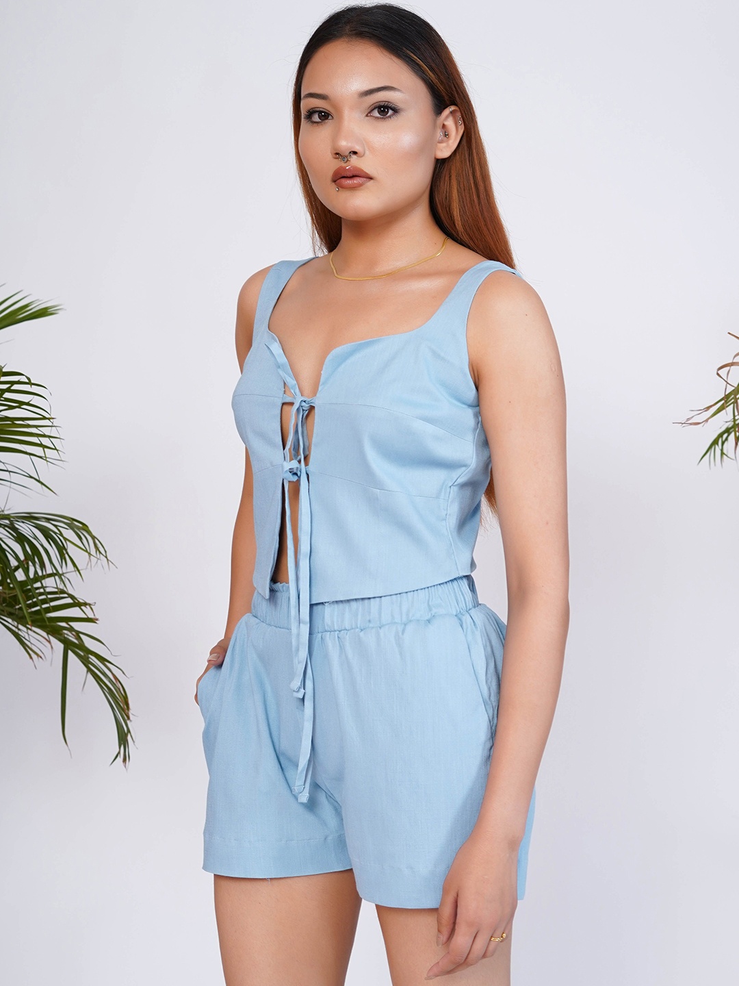 

Salvia Sky Scoop Neck Sleeveless Tie-Ups Top & Shorts, Blue
