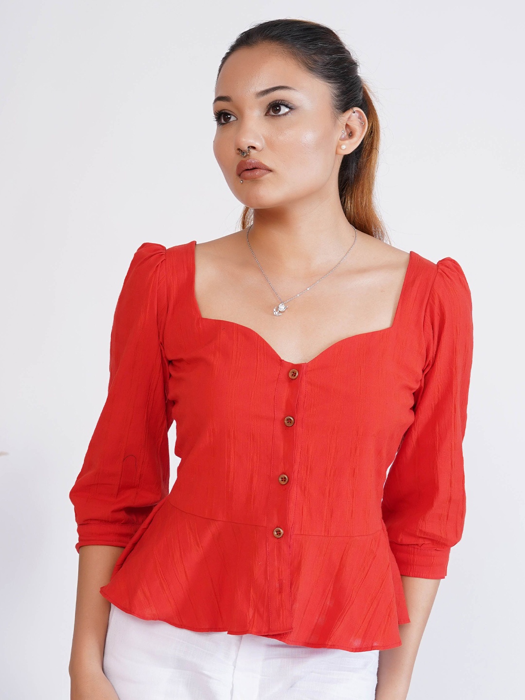 

Salvia Sky Solid Sweetheart Neck Top, Red