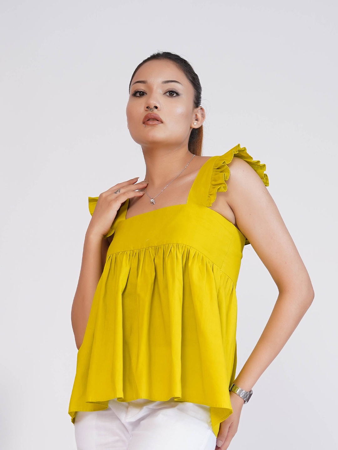 

Salvia Sky Solid Square Neck Top, Lime green