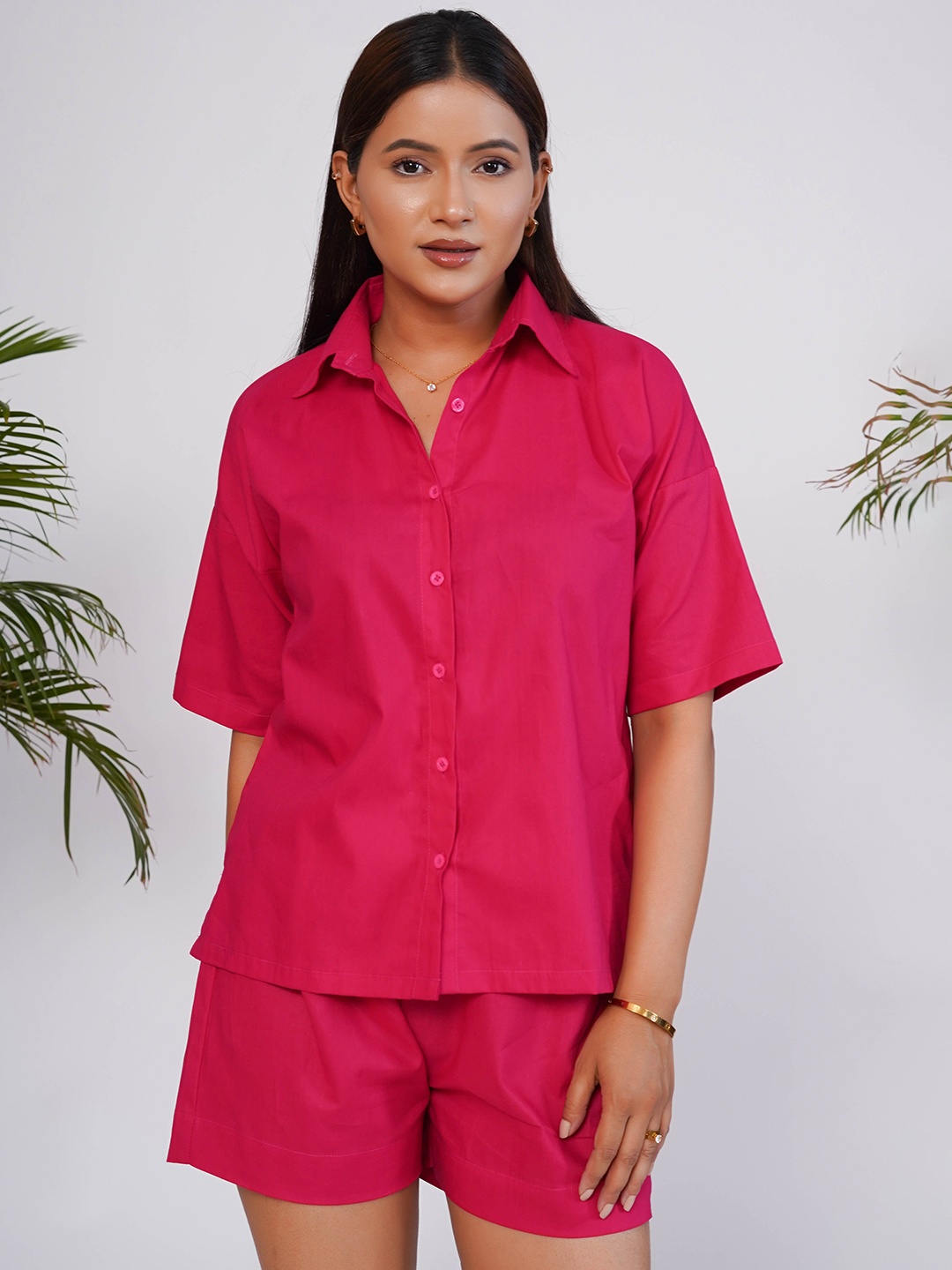 

Salvia Sky Drop-Shoulder Cotton Blend Casual Shirt With Shorts, Pink