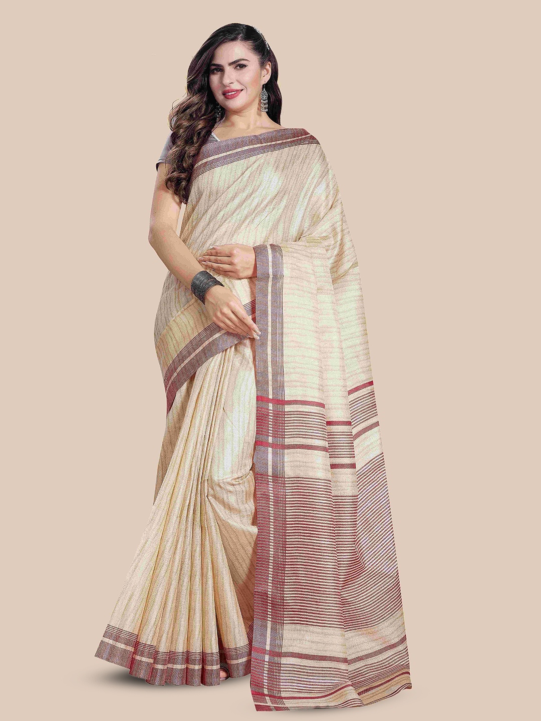 

Rani Saahiba Striped Printed Saree, Beige