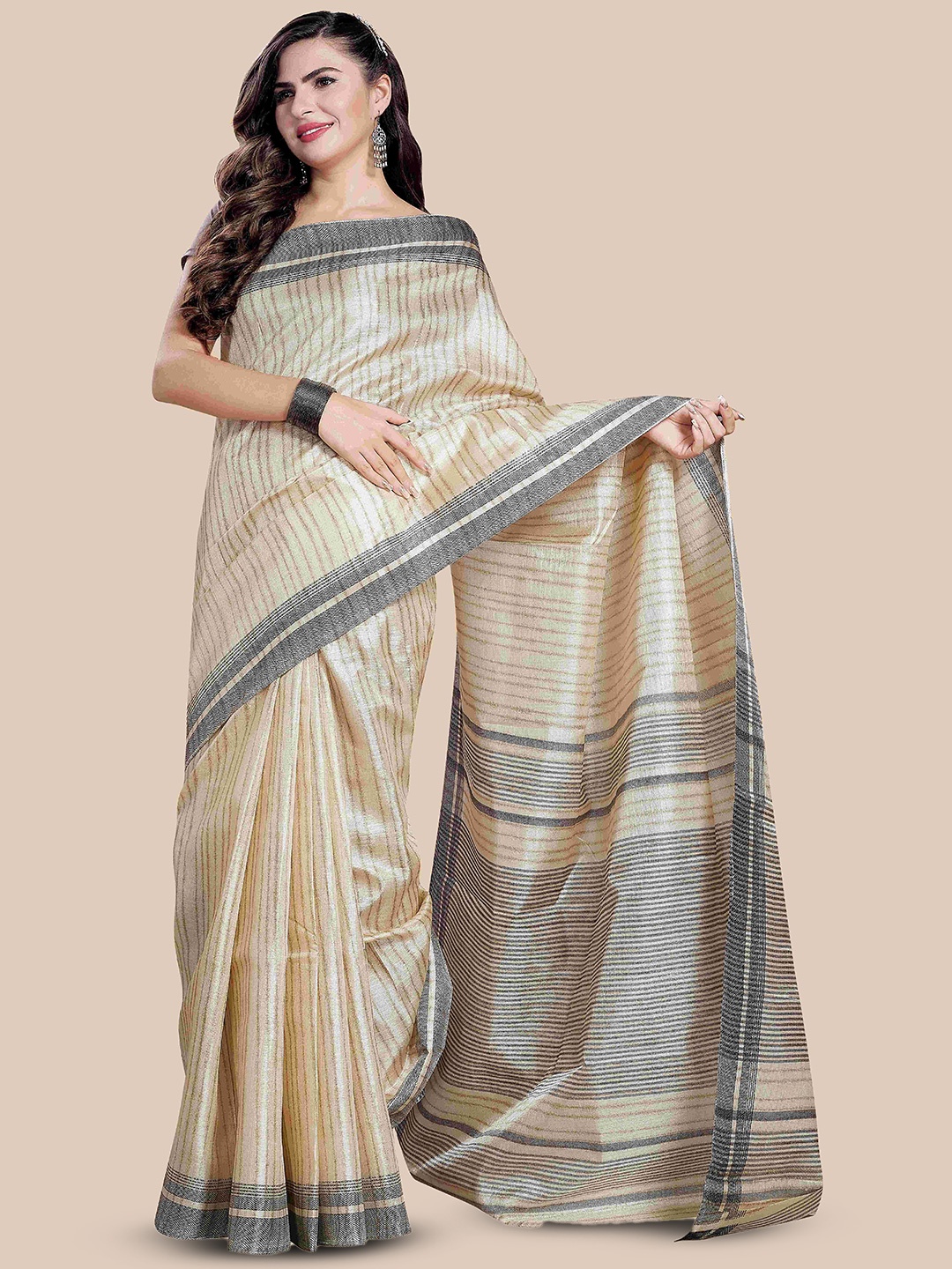 

Rani Saahiba Striped Zari Saree With Blouse Piece, Beige