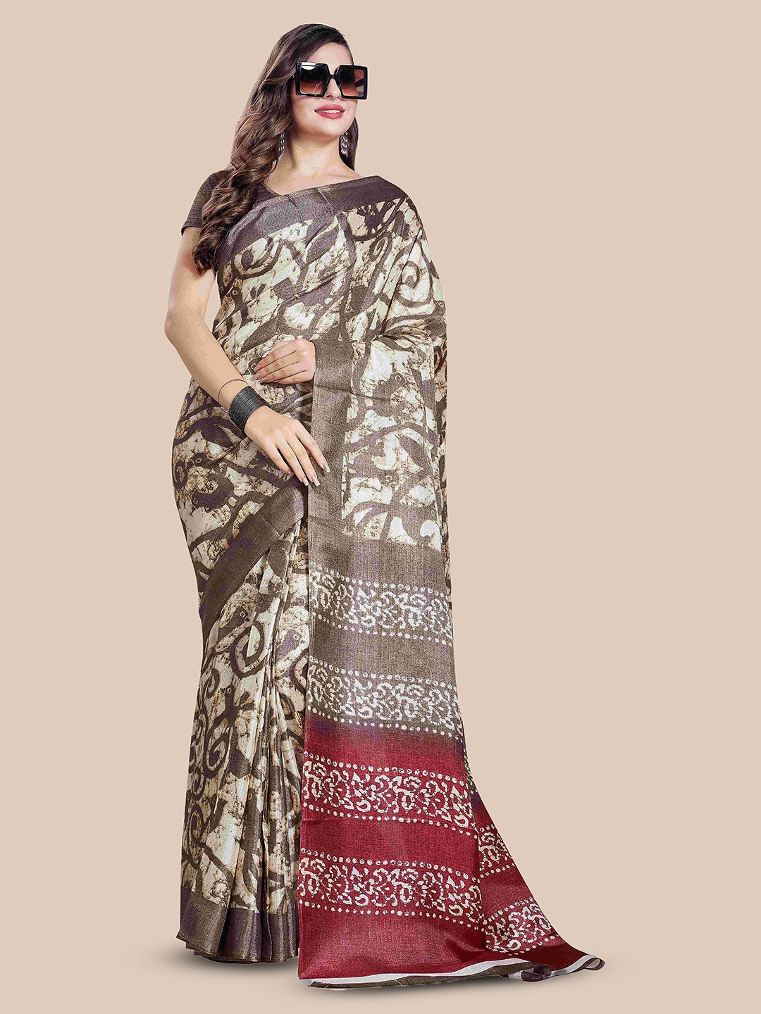 

Rani Saahiba Solid Printed Saree, Beige