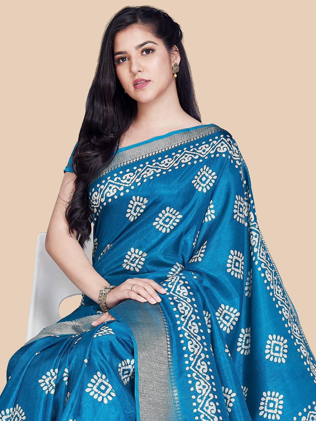 

Rani Saahiba Ethnic Motifs Zari Saree, Turquoise blue