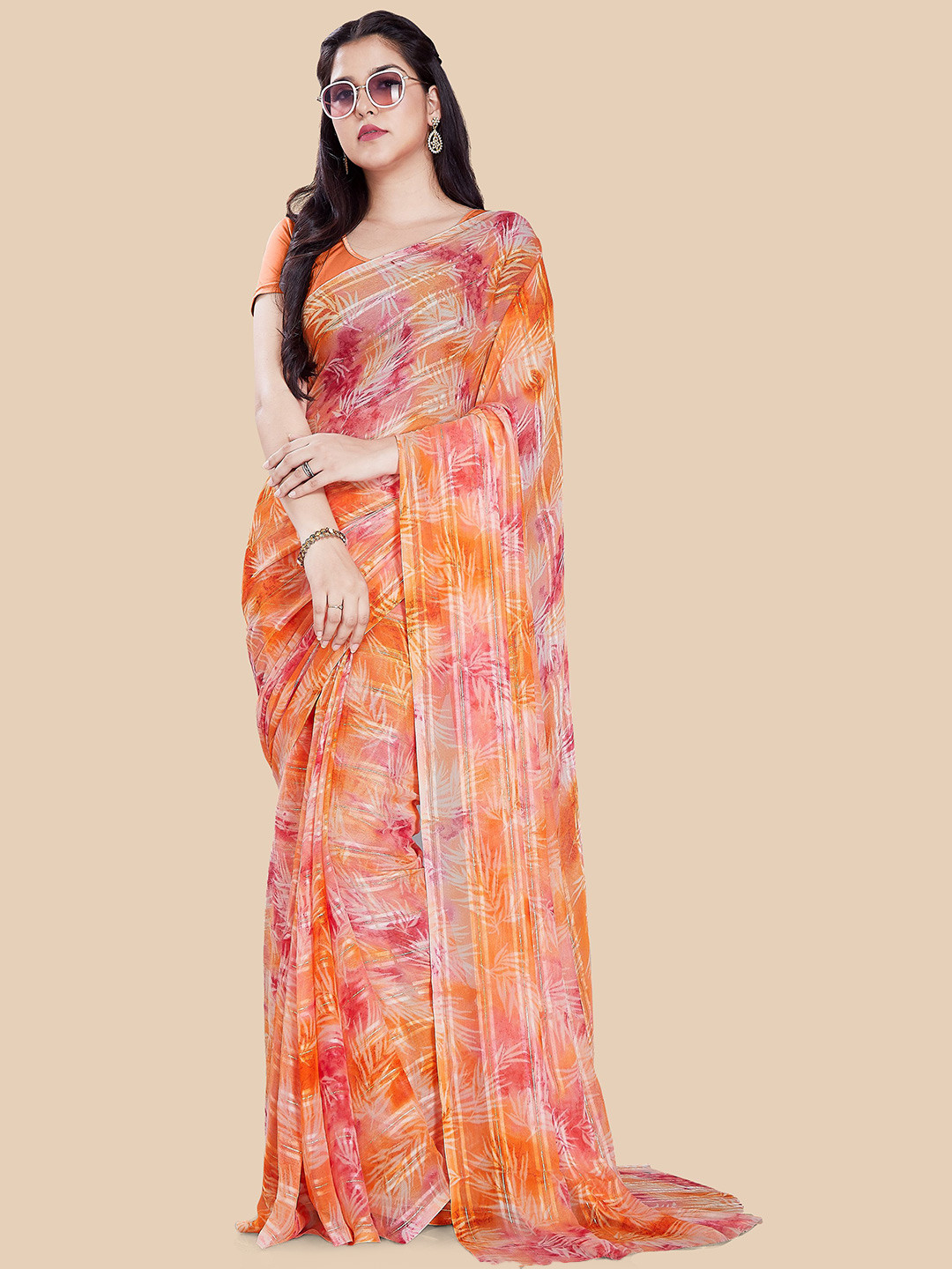

Rani Saahiba Floral Print Saree, Orange