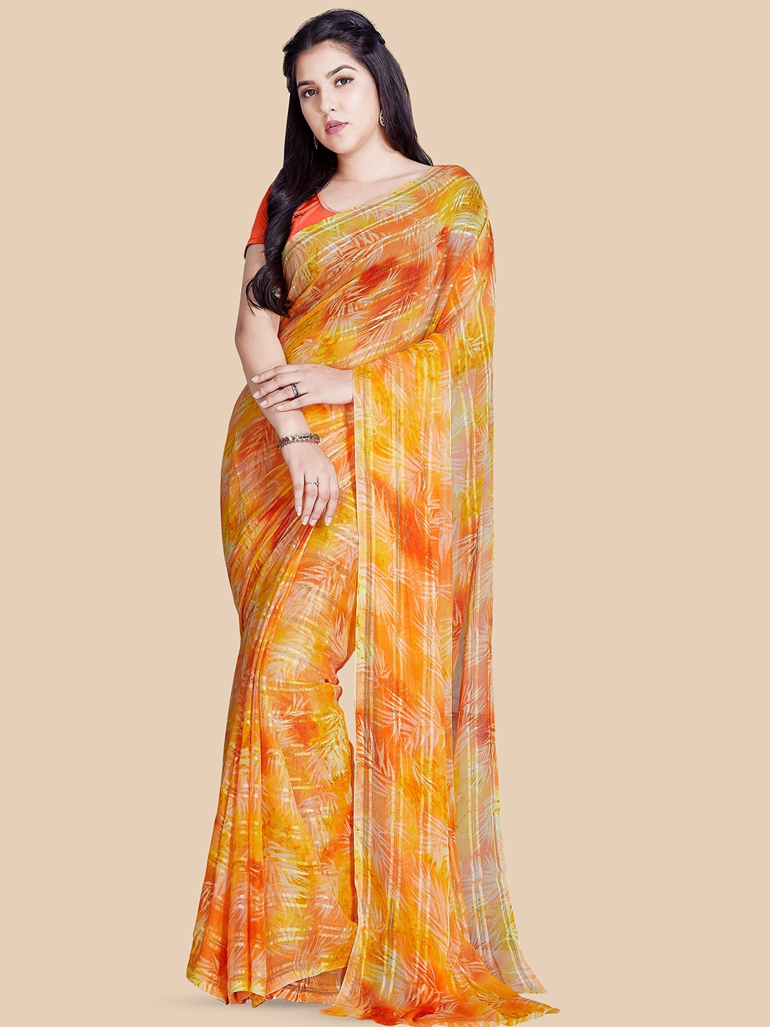 

Rani Saahiba Zari Poly Chiffon Saree, Yellow