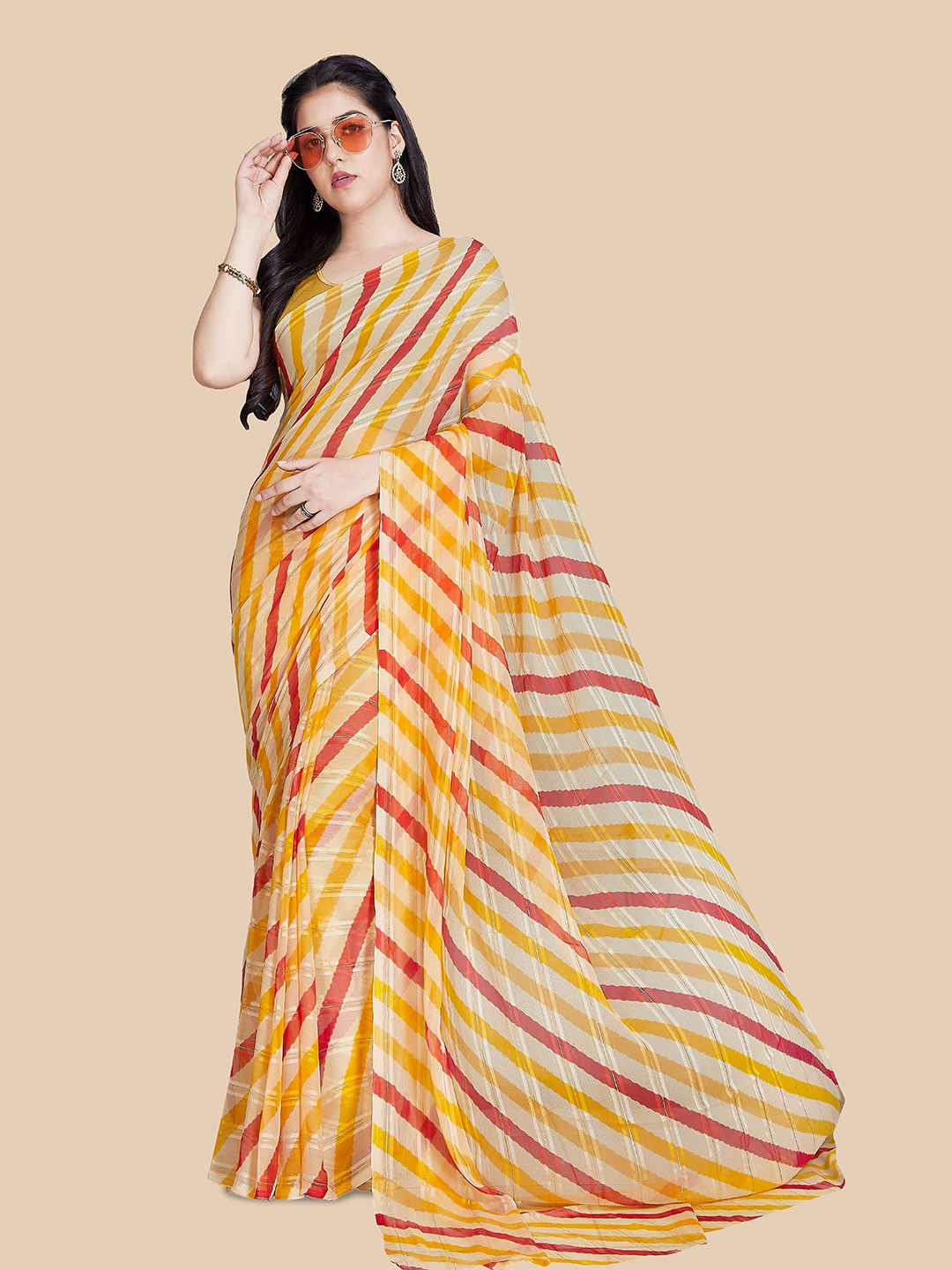 

Rani Saahiba Leheriya Printed Saree, Yellow