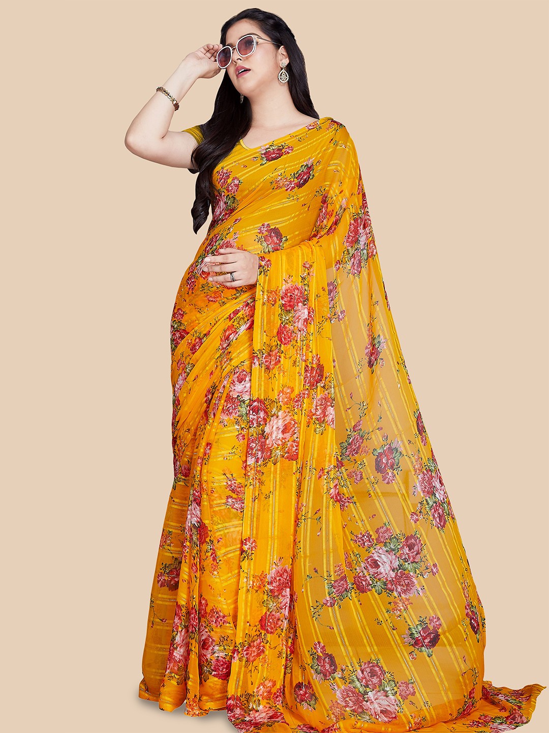 

Rani Saahiba Floral Printed Saree, Yellow