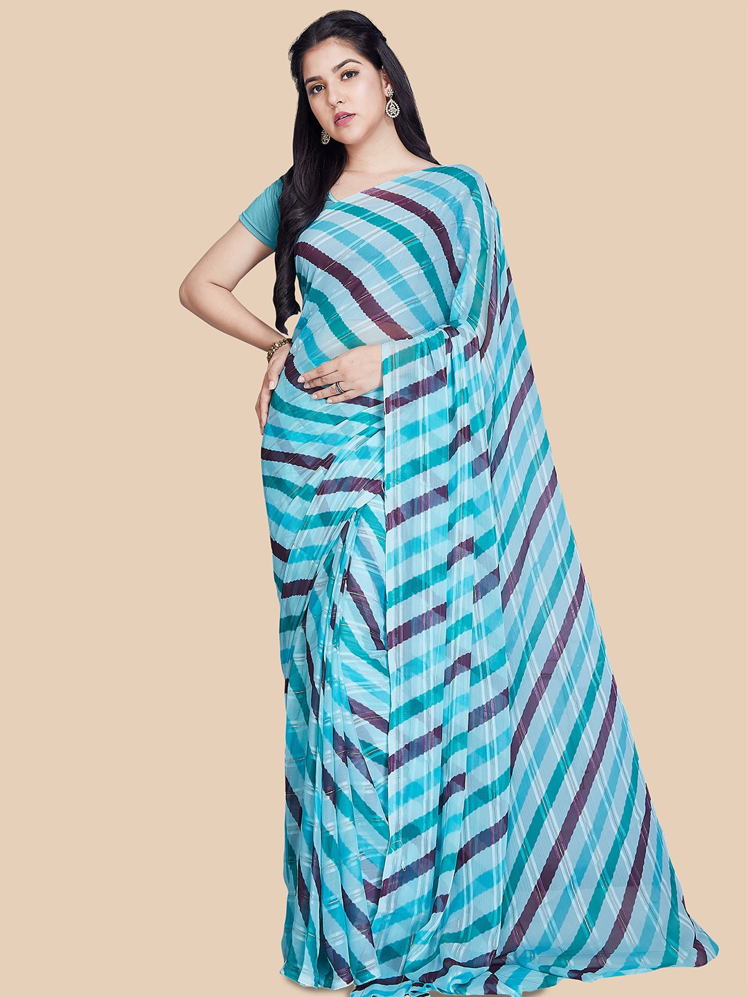 

Rani Saahiba Striped Printed Saree, Turquoise blue