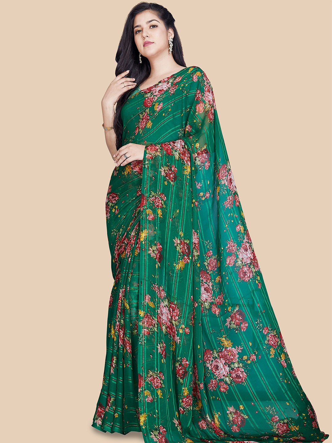 

Rani Saahiba Floral Print Saree, Green