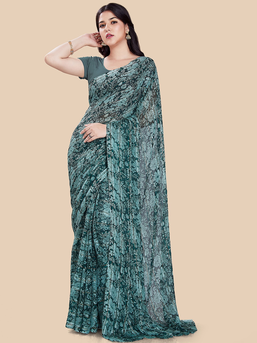 

Rani Saahiba Floral Print Saree, Green