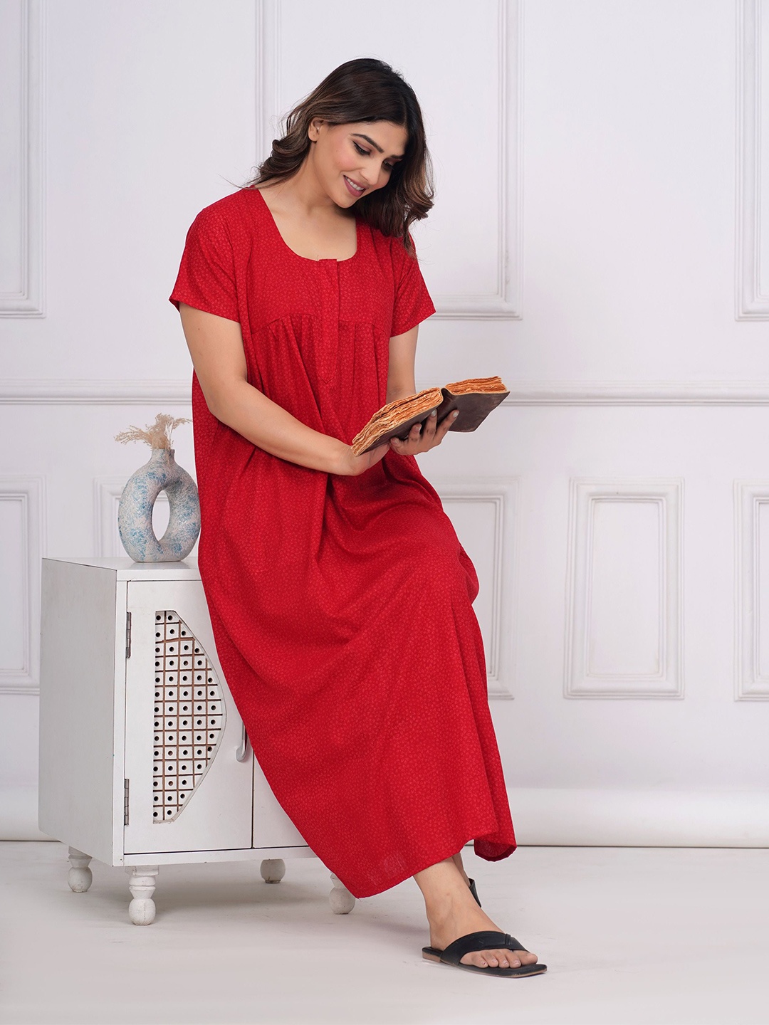 

JVSP FASHION Floral Printed Pure Cotton Maxi Nightdress, Red
