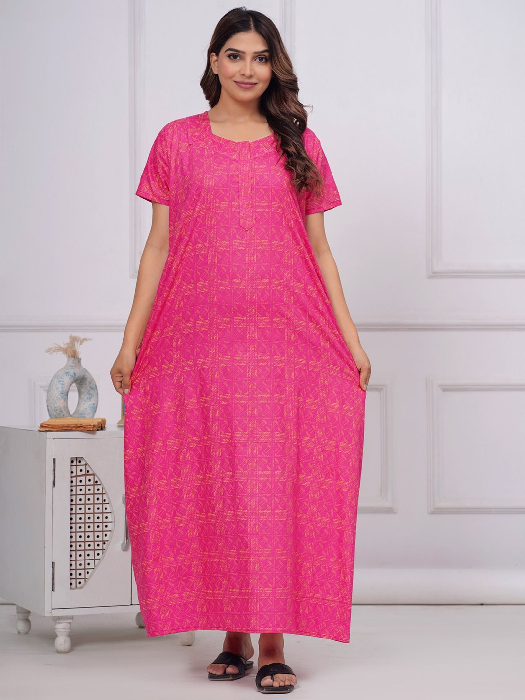 

JVSP FASHION Geometric Printed Pure Cotton Maxi Nightdress, Pink