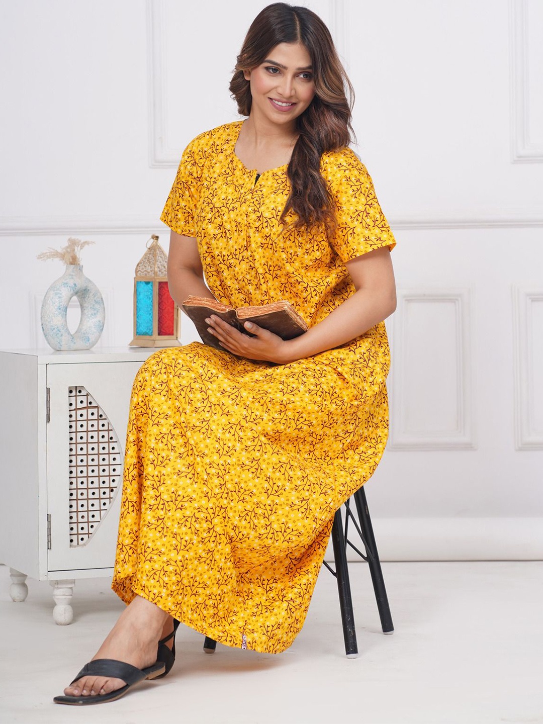 

JVSP FASHION Floral Printed Pure Cotton Maxi Nightdress, Yellow