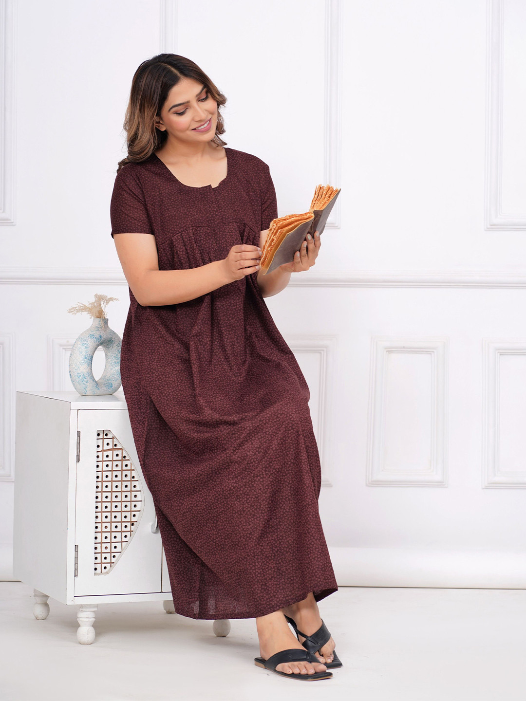 

JVSP FASHION Floral Printed Pure Cotton Maxi Nightdress, Brown