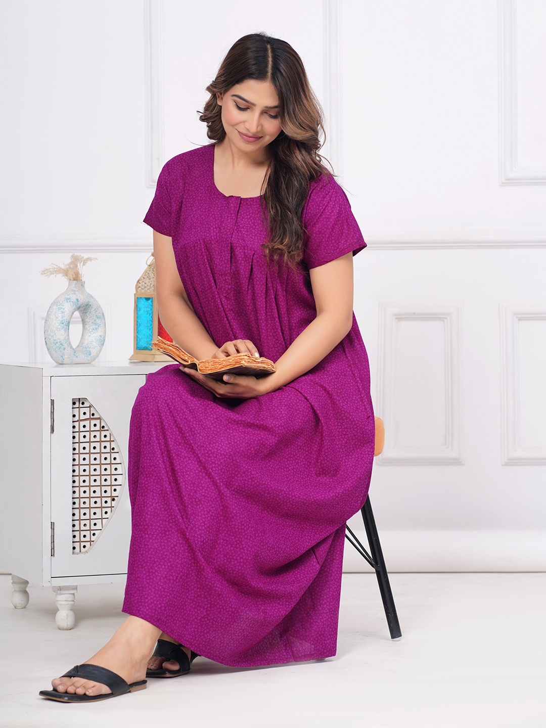 

JVSP FASHION Floral Printed Pure Cotton Maxi Nightdress, Purple