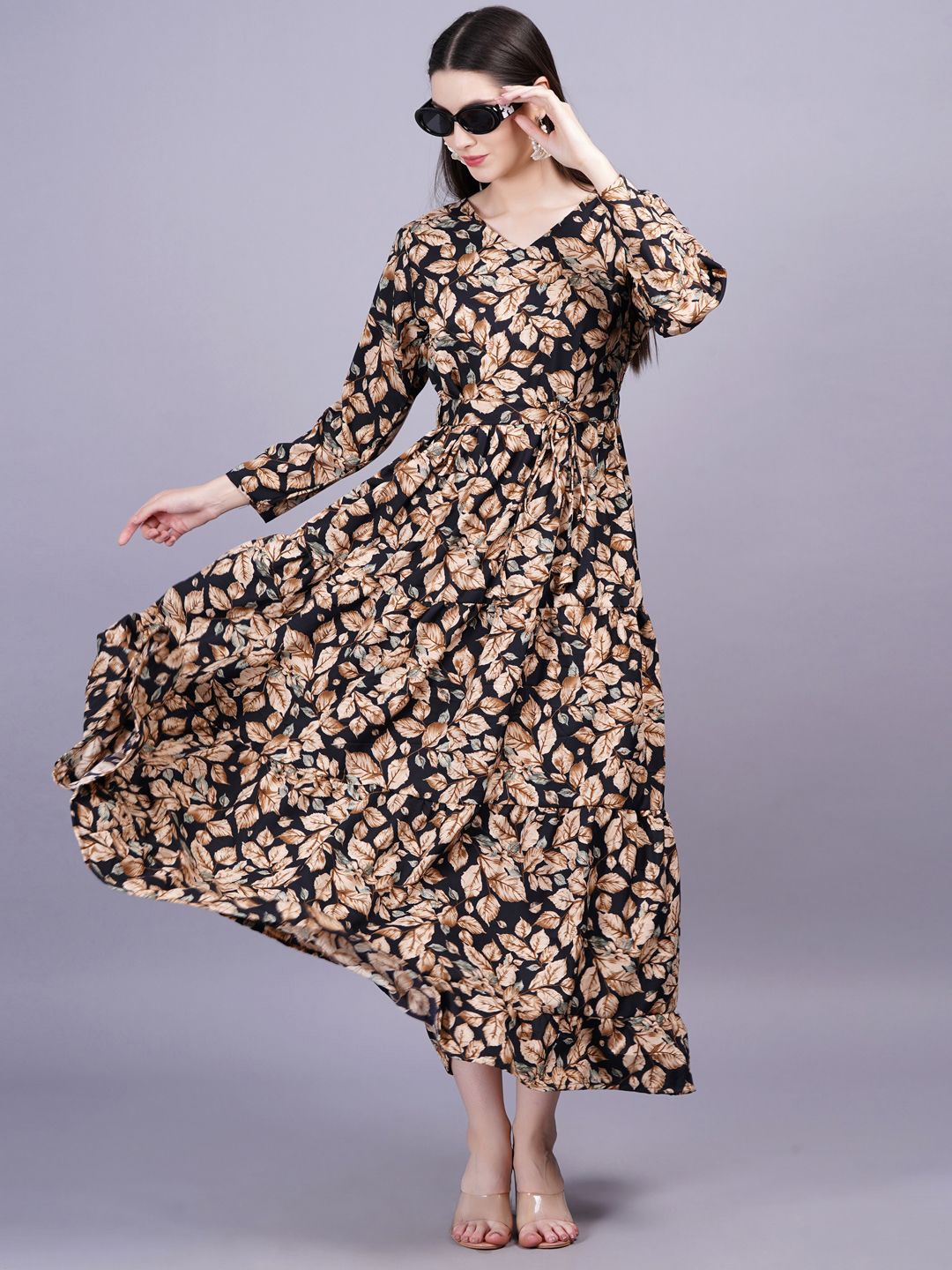

KALINI Floral Print Empire Midi Dress, Black