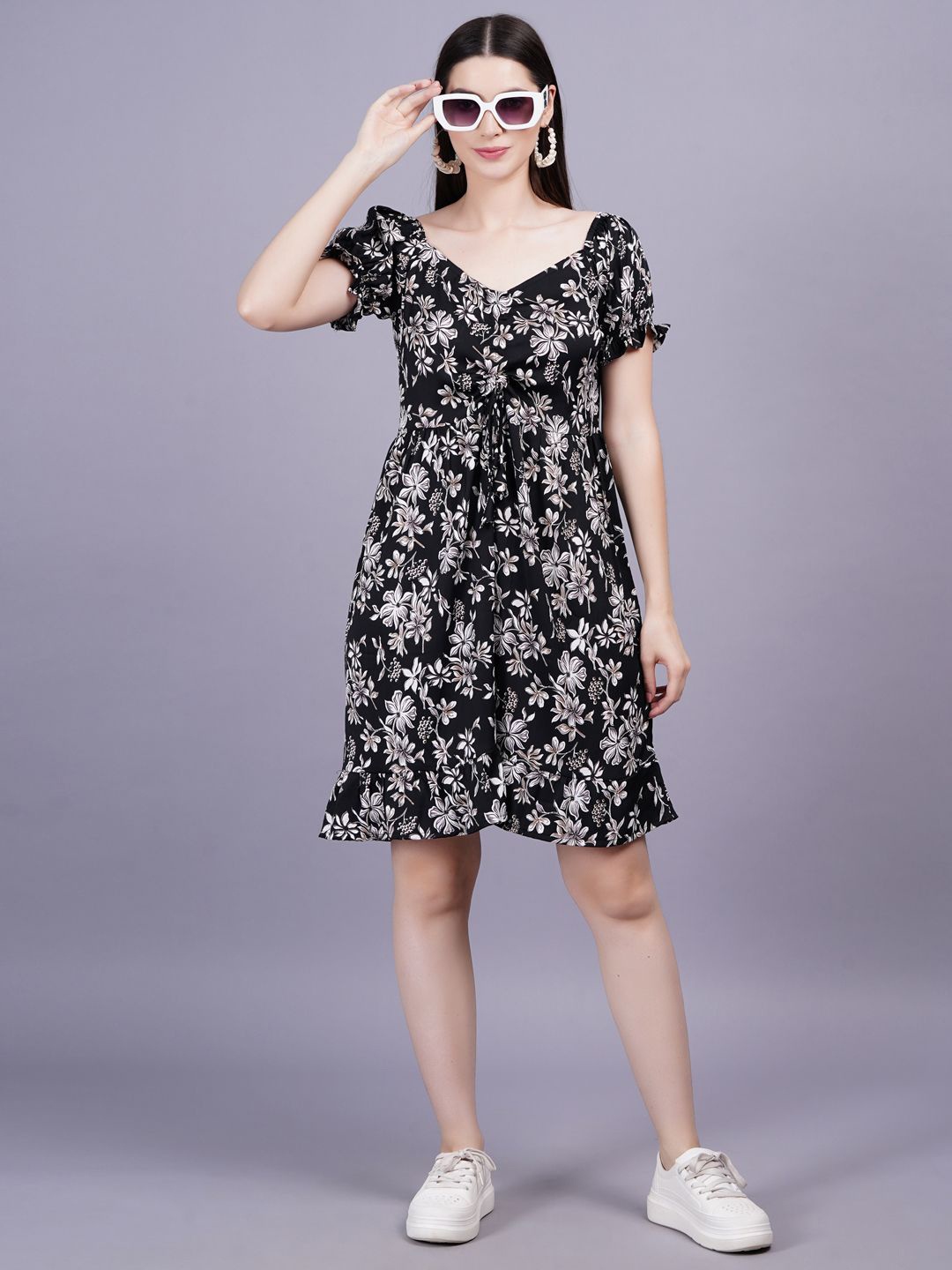 

KALINI Women Floral Print Fit & Flare Dress, Black