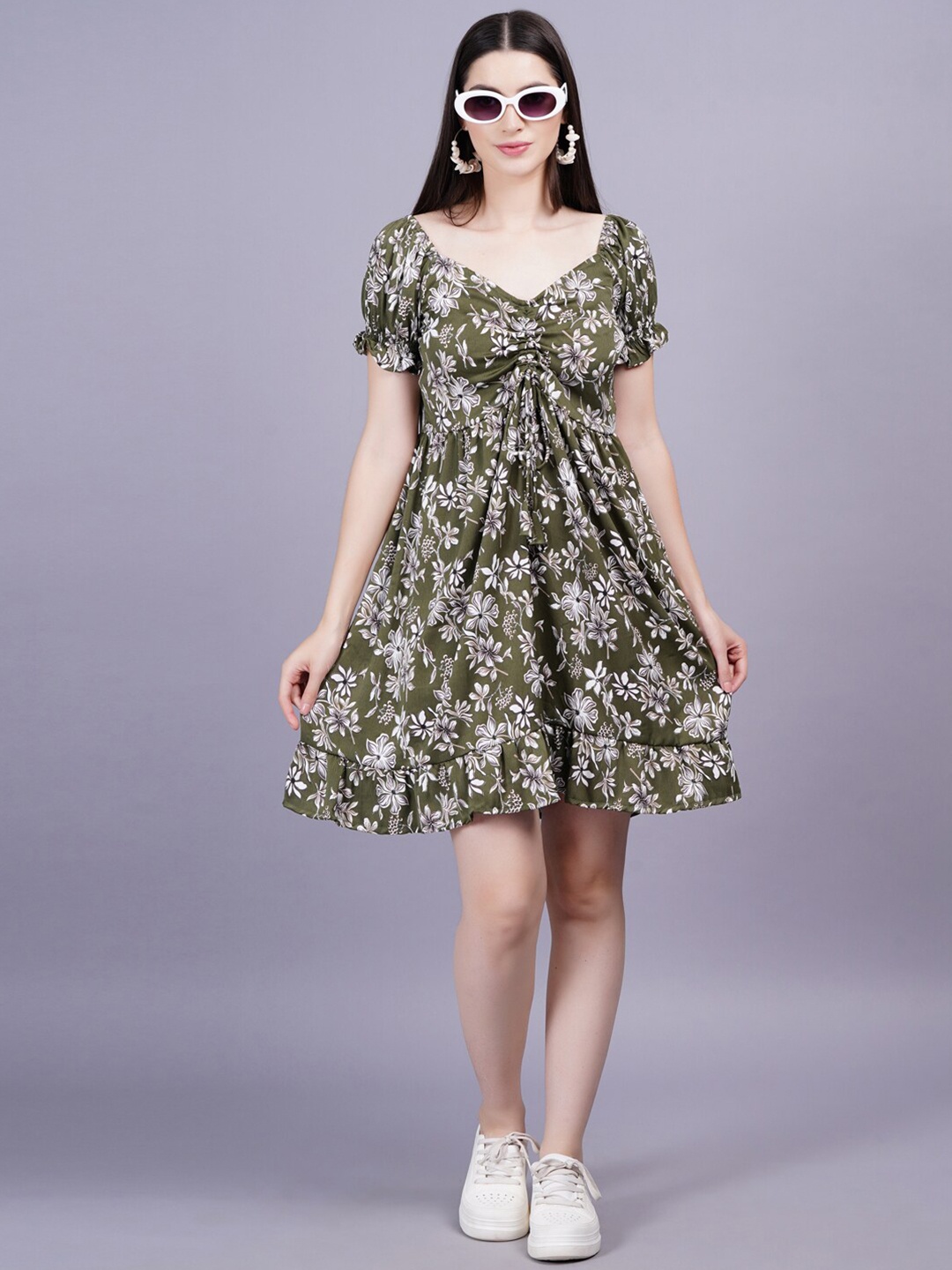 

KALINI Floral Print Puff Sleeves Fit & Flare Dress, Olive