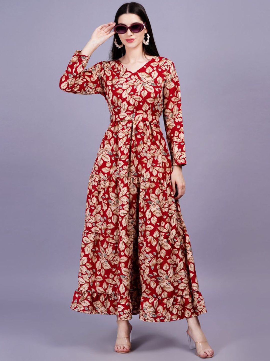 

KALINI V-Neck Floral Print Maxi Dress, Red