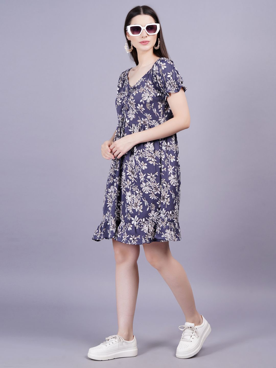 

KALINI Floral Print Fit & Flare Dress, Navy blue