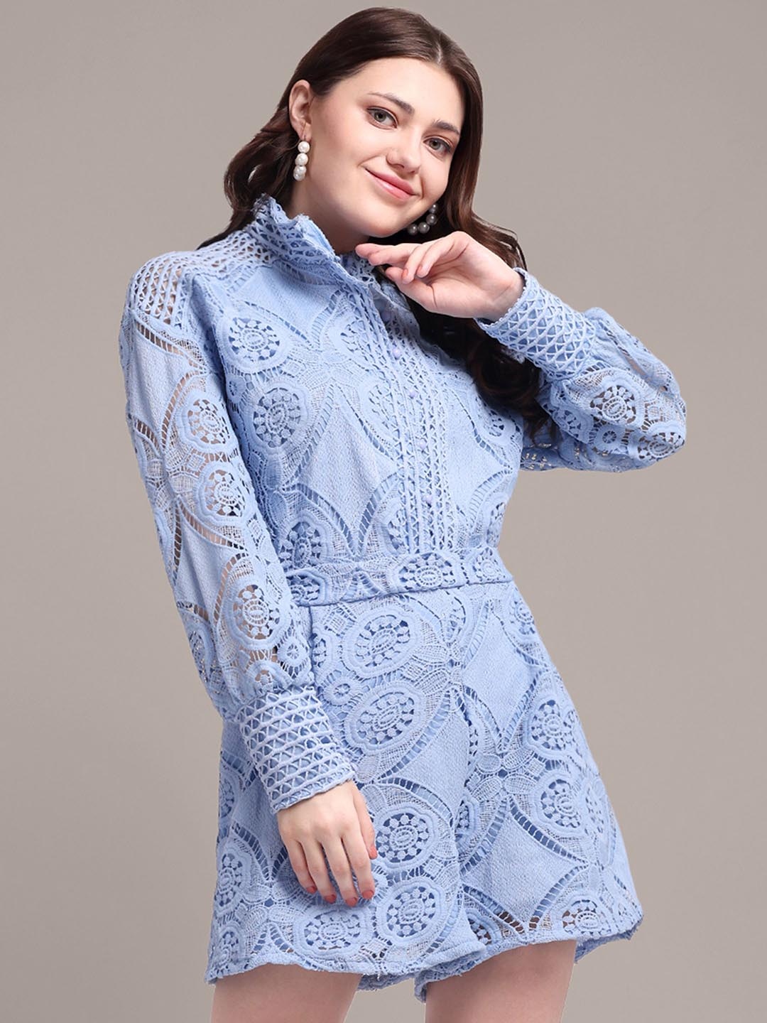 

iki chic Self-Design Schiffli Lace Detail High Neck Bishop Sleeves Shirt With Shorts, Blue