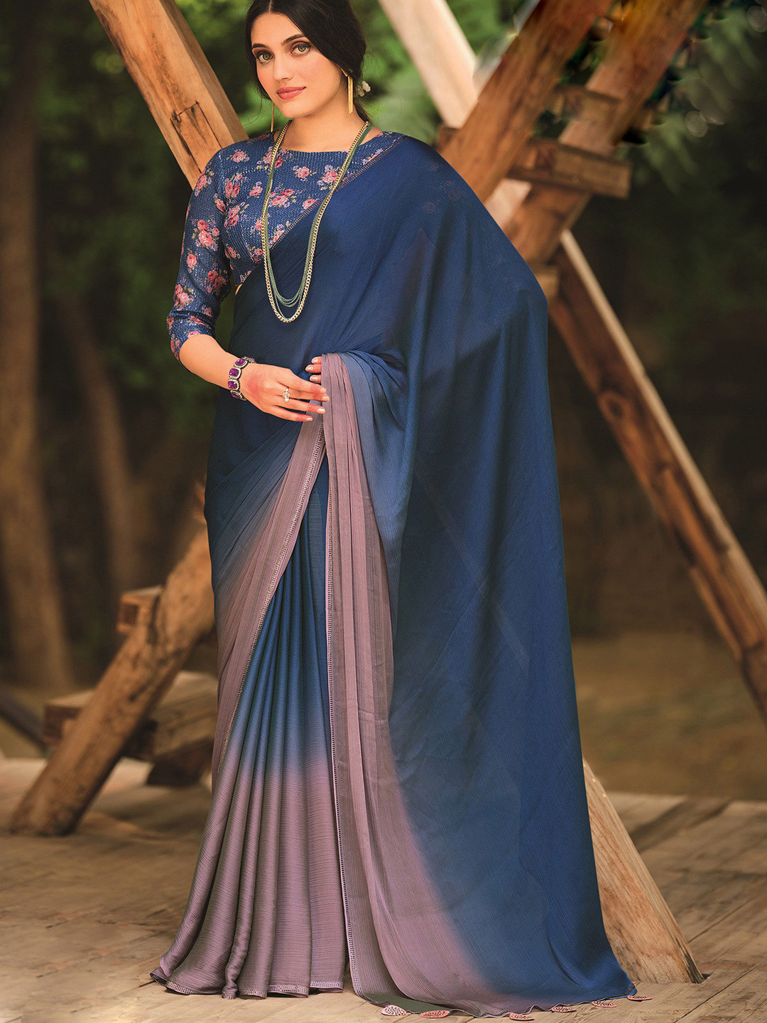 

Mitera Ombre Beads and Stones Saree, Blue