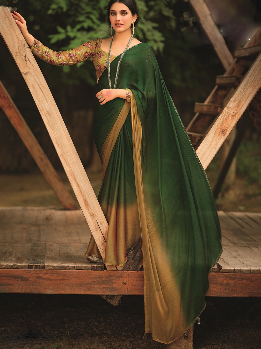 

Mitera Ombre Beads and Stones Saree, Green