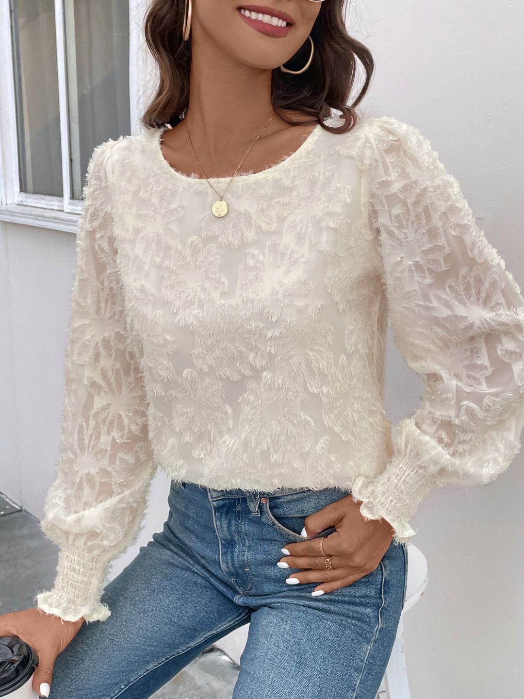 

StyleCast Round Neck Floral Self Design Top, White
