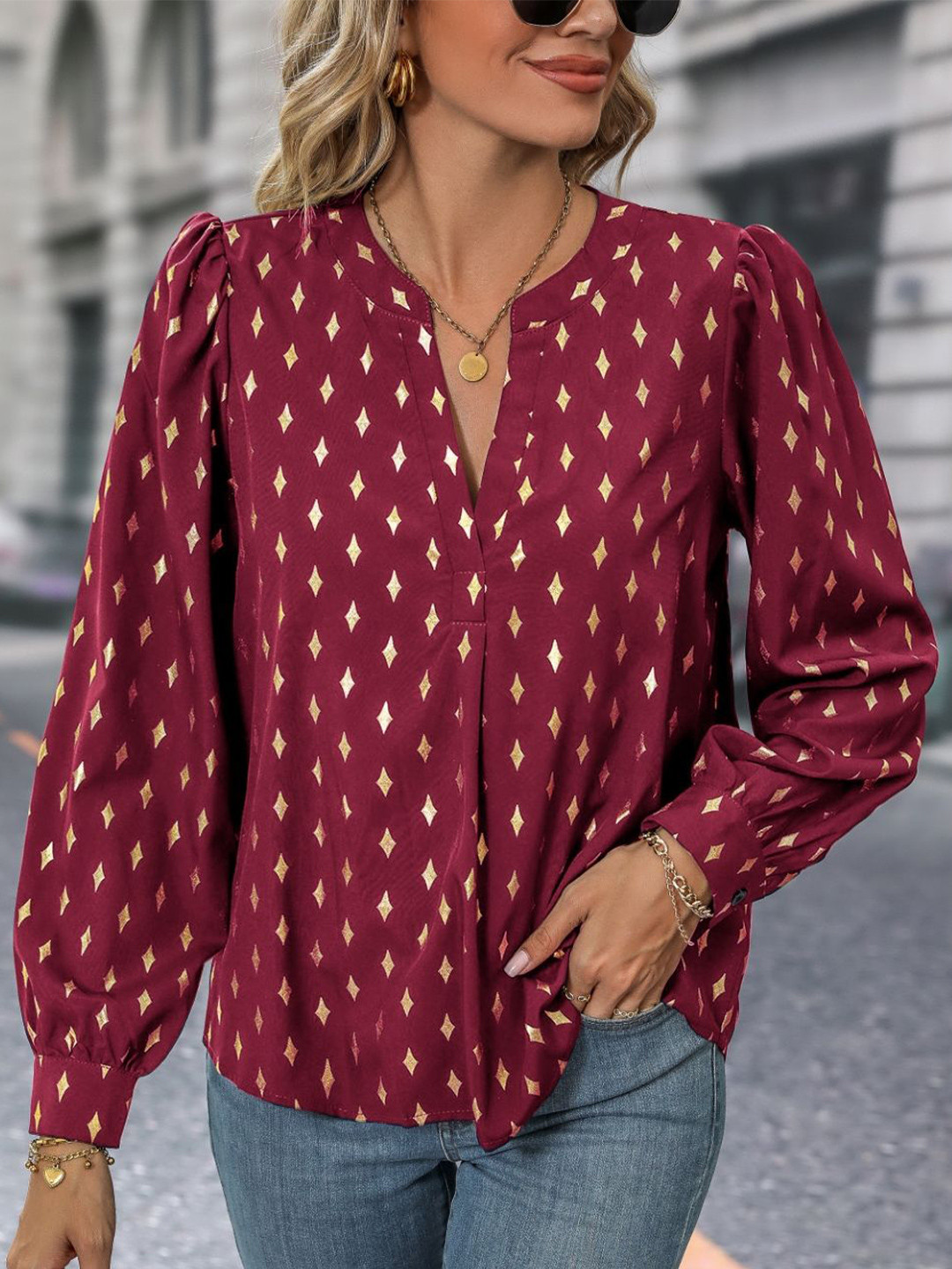 

StyleCast Geometric Printed Mandarin Collar Shirt Style Top, Red