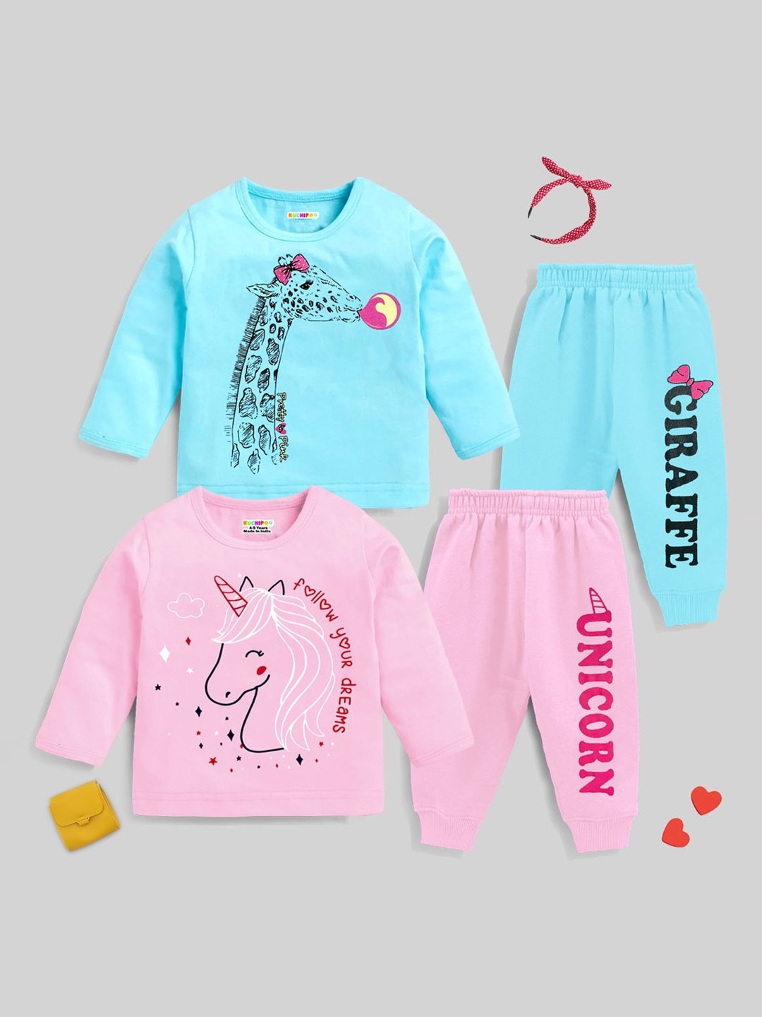 

KUCHIPOO Girls Printed Night suit, Pink