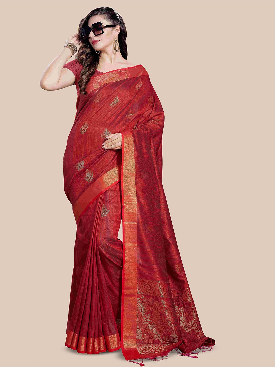 

Rani Saahiba Floral Zari Art Silk Saree, Red