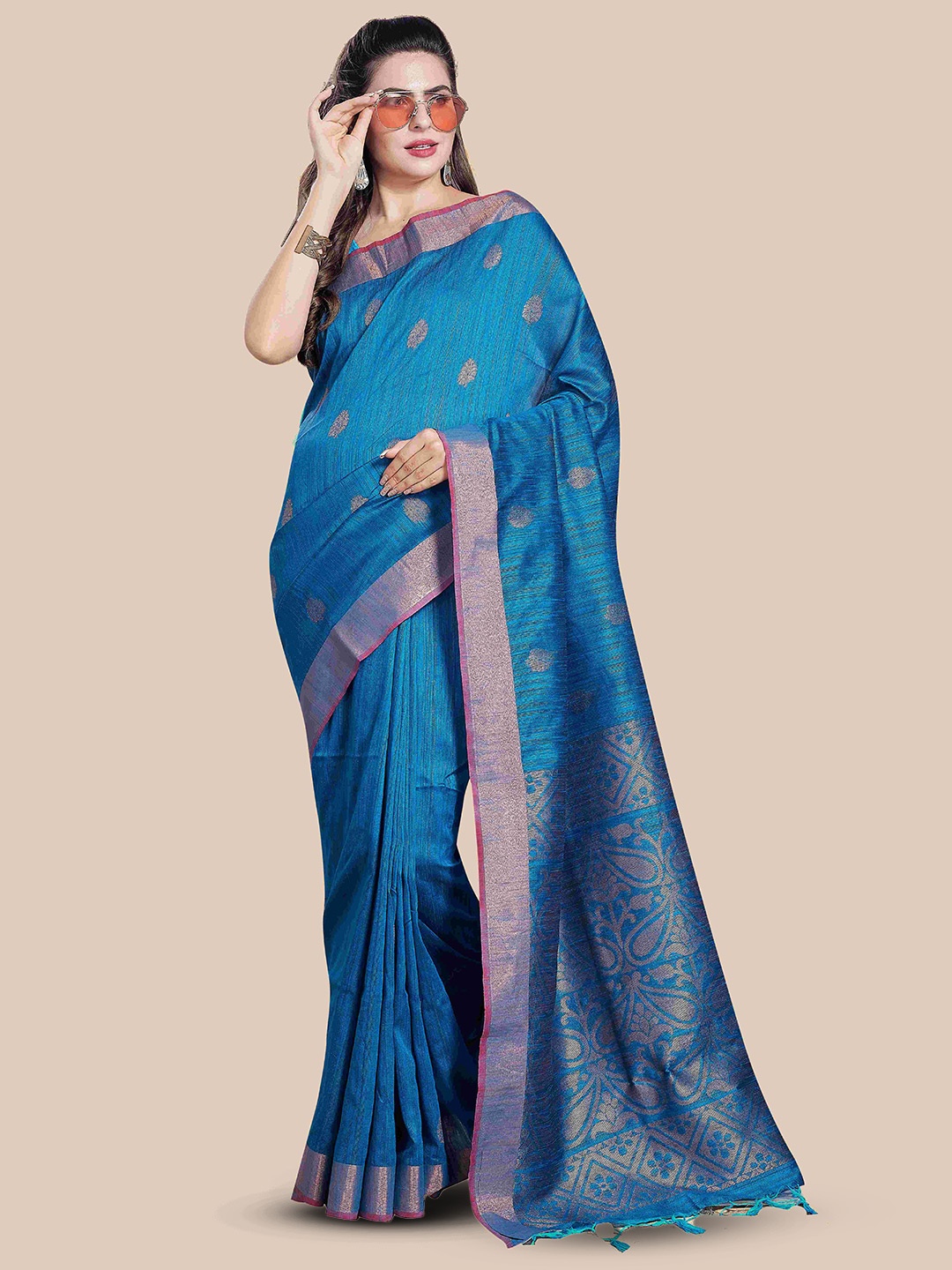 

Rani Saahiba Woven Design Zari Saree With Blouse Piece, Turquoise blue