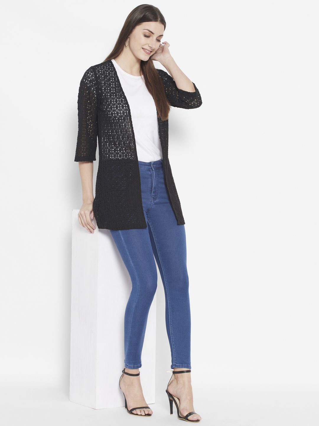 

HOUSE OF KKARMA Self Design Cotton Open Front Shrug, Black