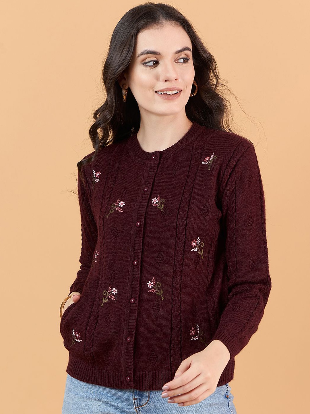 

CLAPTON Women Floral Embroidered Cardigan Sweaters, Maroon