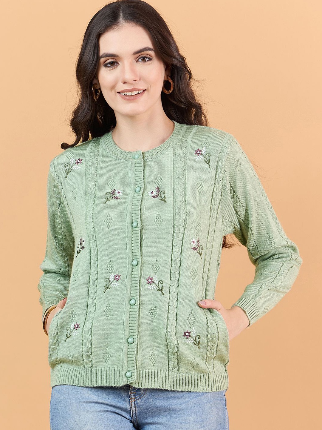 

CLAPTON Women Floral Embroidered Cardigan Sweaters, Sea green