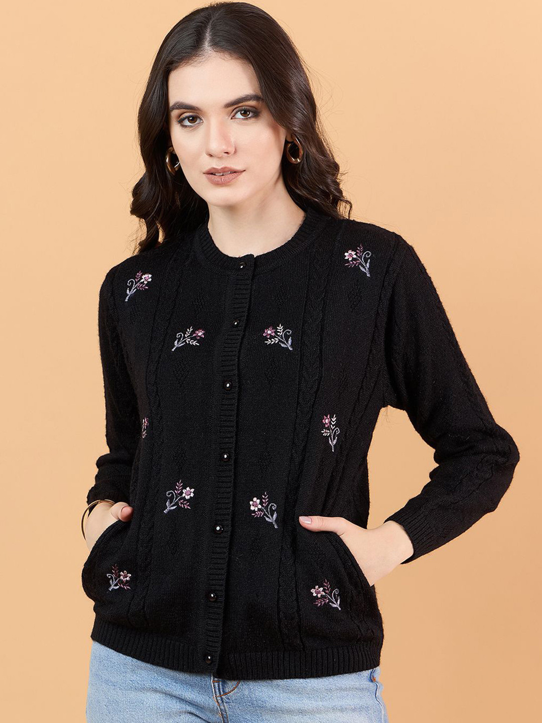 

CLAPTON Women Floral Embroidered Cardigan Sweaters, Black