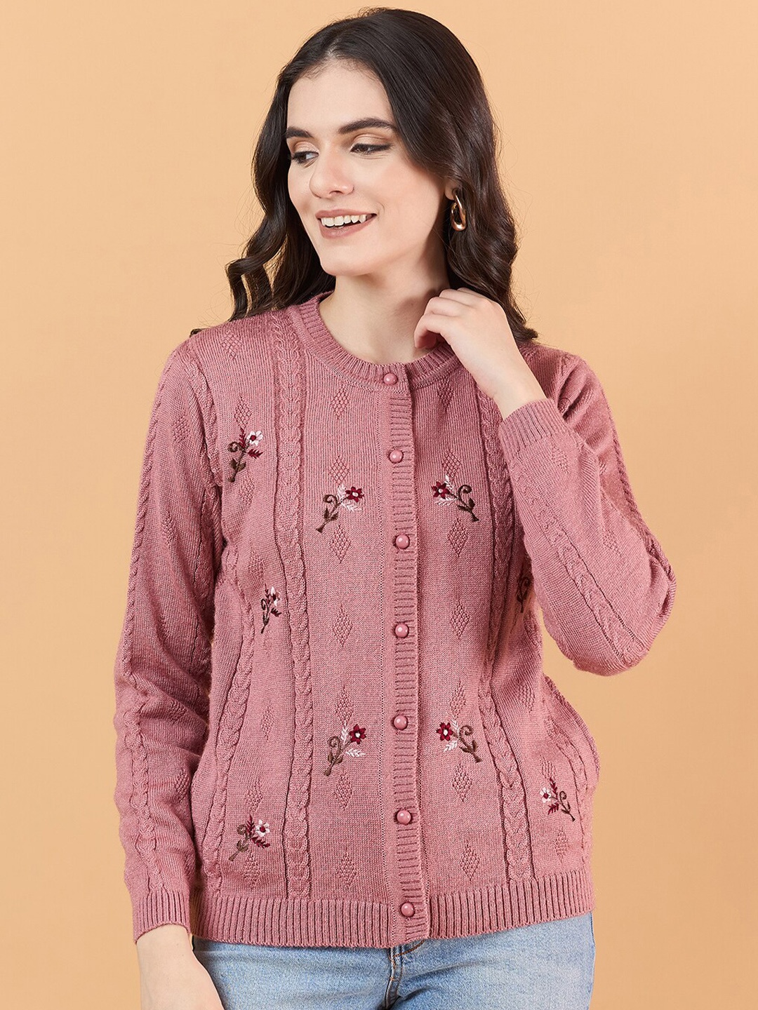 

CLAPTON Women Floral Embroidered Cardigan Sweaters, Pink