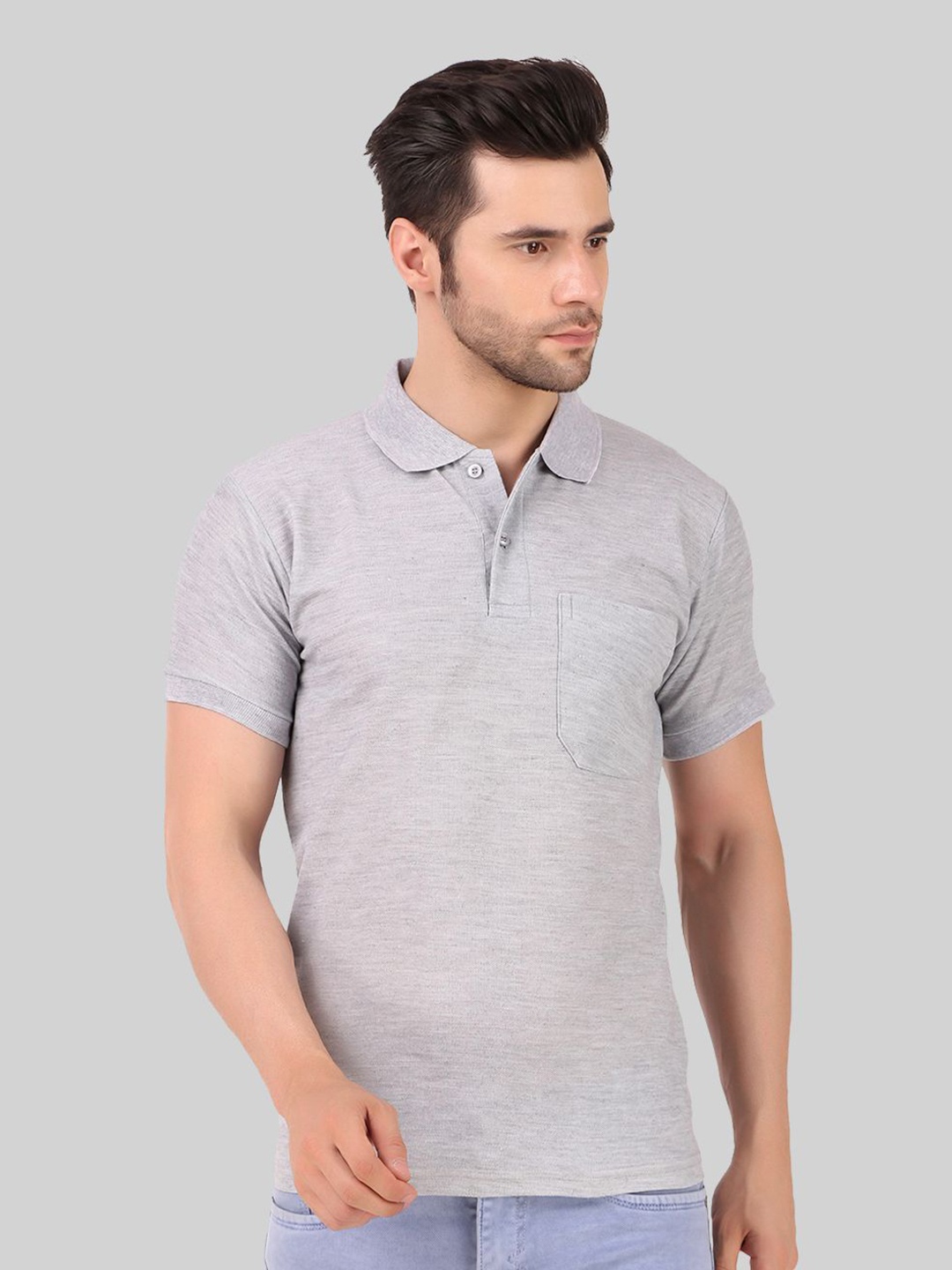 

Greylongg Men Solid Polo Collar Pockets T-shirt, Grey melange