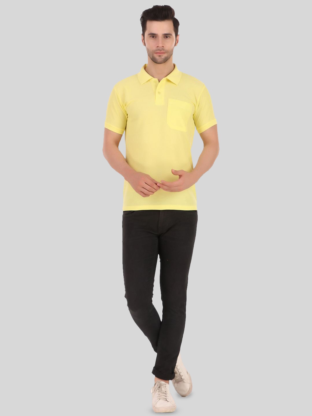 

Greylongg Men Solid Polo Collar Pockets T-shirt, Yellow