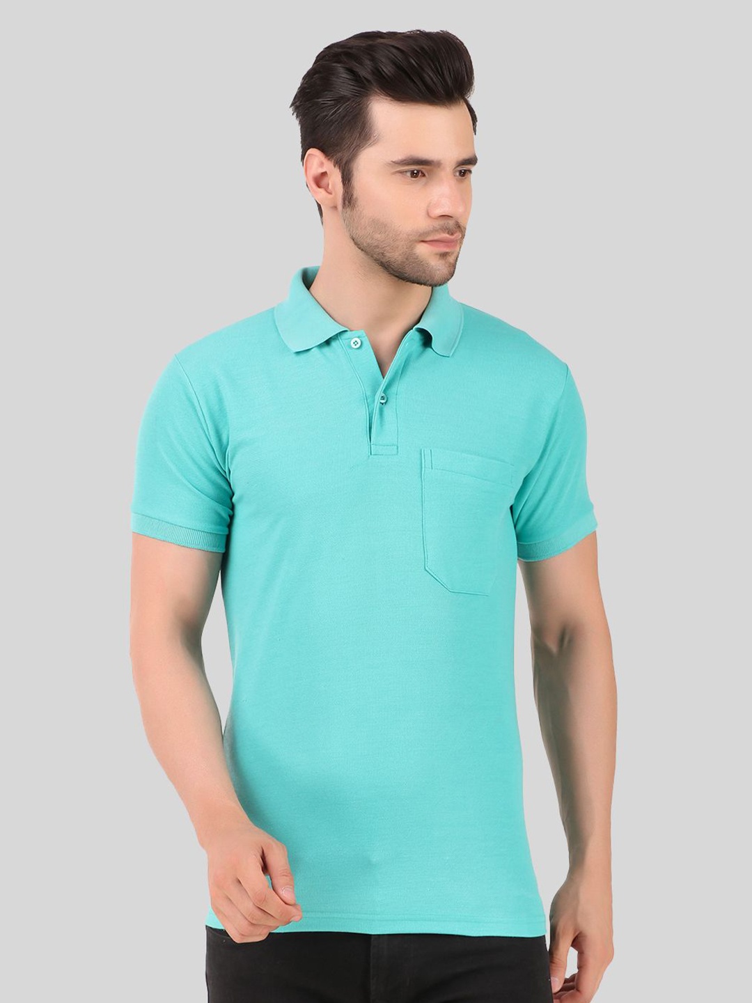

Greylongg Men Solid Polo Collar Pocket T-shirt, Turquoise blue