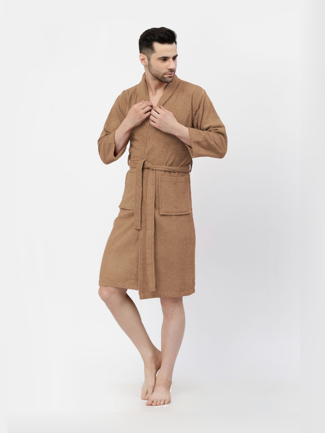 

FABINALIV Brown Solid Pure Cotton Men's Bath Robe with Belt and 2 Front Pockets
