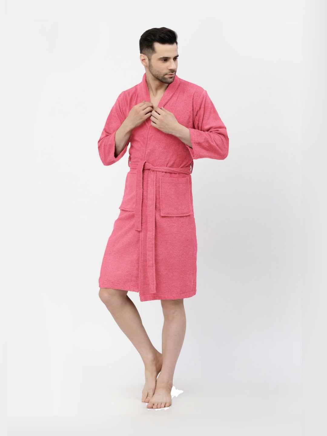 

FABINALIV Pink Solid Pure Cotton Men's Bath Robe with Belt and 2 Front Pockets