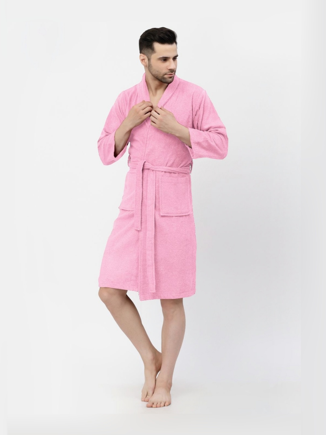 

FABINALIV Pink Solid Pure Cotton Men's Bath Robe with Belt and 2 Front Pockets