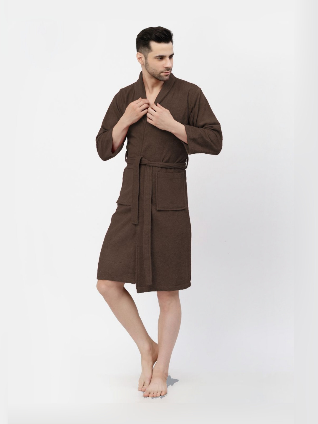 

FABINALIV Solid Pure Cotton Men's Bath Robe with Belt and 2 Front Pockets, Coffee brown