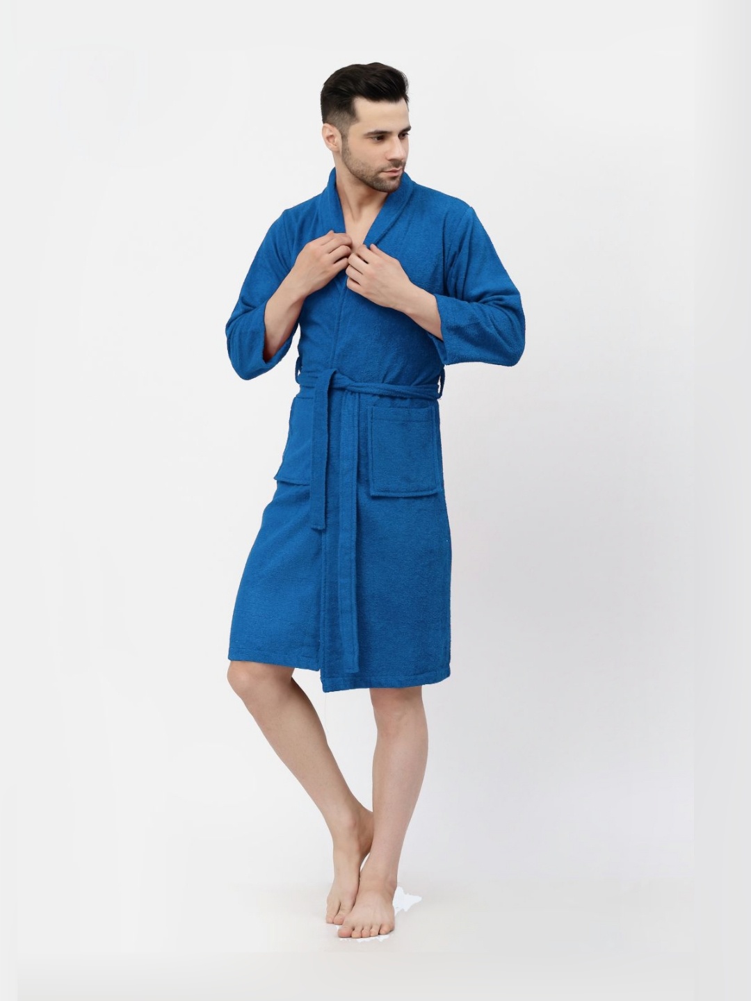 

FABINALIV Solid Pure Cotton Men's Bath Robe with Belt and 2 Front Pockets, Blue