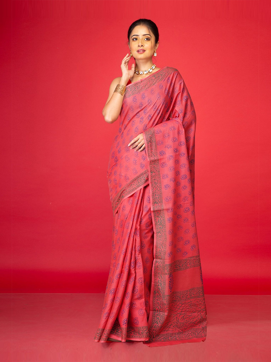 

Unnati Silks Ethnic Motifs Pure Cotton Handloom Block Print Saree, Pink